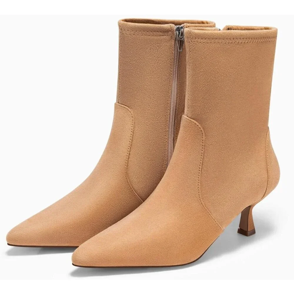 Women's Khaki Low Kitten Heel Ankle Shoes Pointed Toe Side Zipper Fall Boots